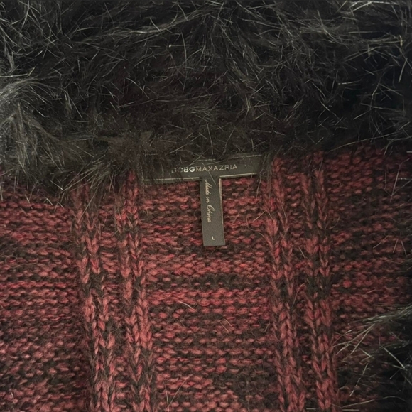BCBGMaxAzria Burgundy Sweater Cardigan with Black Faux-Fur Trim - Picture 5 of 5